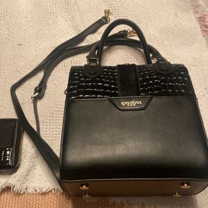 Spartinaa black satchel with calf hair trim and matching wallet croc trim